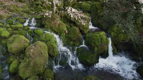 Static aerial view of Lisina spring waterfall and mossy rocks in Serbia Stock Footage 327636895