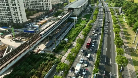 Static Aerial View of Metro Train Entering Sheshan Station Stock Footage 342140965