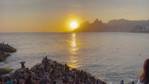 Static aerial view of Sunset Crowd at Pedra do Arpoador Rio de Janeiro Brazil Stock Footage 334330714