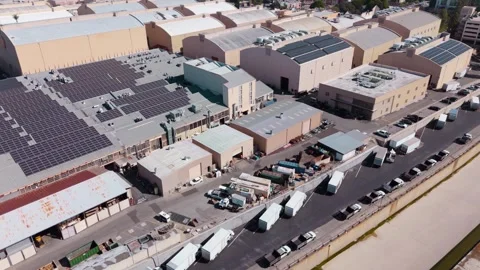 Static Aerial View of Warner Bros Studios Backlot with Solar Rooftops in Burbank Stock Footage 307586806