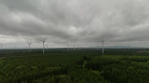 Static Aerial View of Wind Farm Above Forest Under Dramatic Storm Clouds Stock Footage 332669112