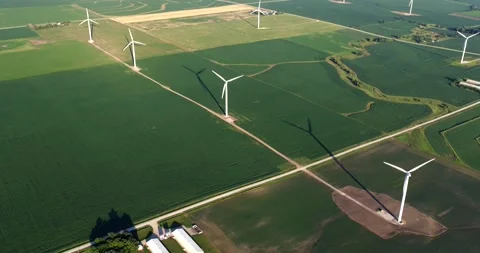 Static aerial view of wind turbines generating renewable energy over Stock Footage 340181038
