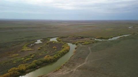Static aerial view of winding river in vast Kazakh steppe Stock Footage 334329948