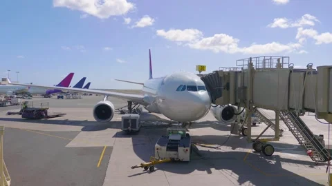 Static airplane at the gate in 4k slow motion 60fps Stock Footage 286202017
