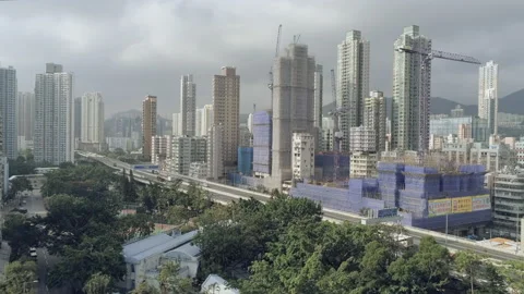 Static and later zoom in move. Aerial drone shot on high rise buildings, buil Stock Footage 172116819