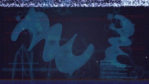 Static band appearing, biomorphic blue shapes shifting, revealing code and Stock Footage 328685740