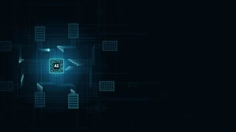 Static camera view of a futuristic circuit board design featuring a glowing AI c Stock Footage 340440626