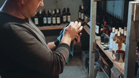 Static camera view of the professional winemaker holding bottle of red wine Stock Footage 147798993