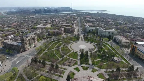 Static Central avenue square and Panorama of Mariupol Azovsteel from above on Video stock 239101709