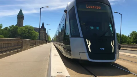 Static - Close-up of fast moving tram Luxembourg City, Luxembourg Stock Footage 198204057
