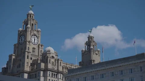 Static close-up shot of the Royal Liver Building clock tower and Liver Bird Stock Footage 337860456