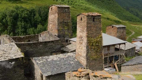 Static close up of the stone medieval fortified Svaneti tower houses of  Ushguli Stock Footage 104624309