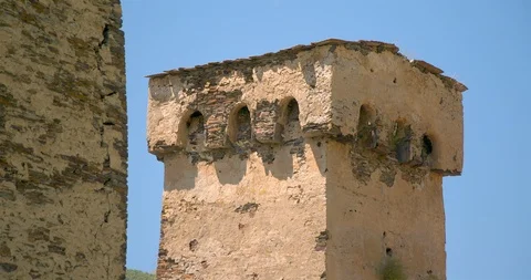 Static close of Stone  Svaneti  tower houses of Upper Svaneti, Mestia, Georgia. Stock Footage 104387330