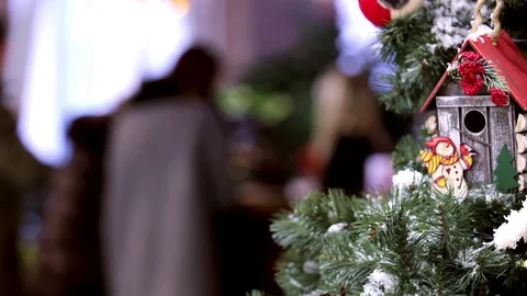 Static closeup shot of New Year tree decorated cafe Stock Footage 74734545