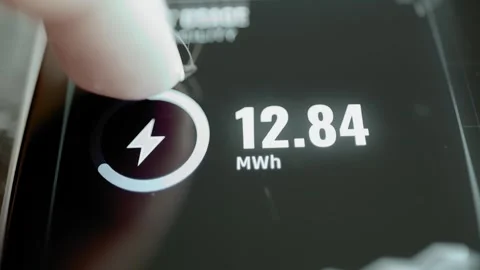 Static dashboard shows a lightning symbol, 12.84 MWh and the edge Stock-Footage 343368516
