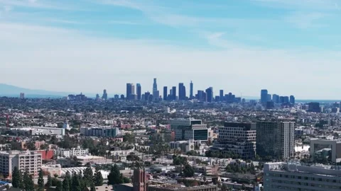 Static drone aerial shot of the Los Angeles skyline with some smog Stock Footage 267194018