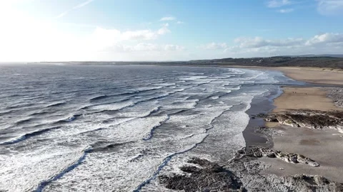 Static Drone Aerial View of Rocky Coast and Waves, Wales UK 4K Stock-Footage 334070807