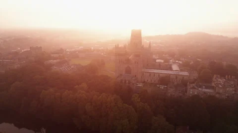 Static drone clip Durham Cathedral in summer sunrise. Stock Footage 276737368