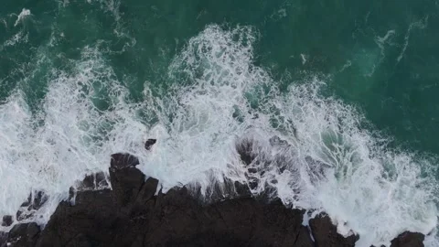 Static-Drone-Over-Crashing-Waves-On-Rocks-Cornish-Coastline-In-Winter Stock Footage 301113595