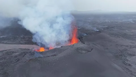 Static Drone Shot of Active Volcano Eruption With Lava Fountain, Cone Formation Stock Footage 321132347