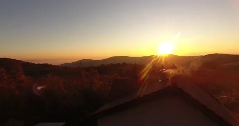 Static Drone Shot of chimney smoking during sunset Stock-Footage 145990096