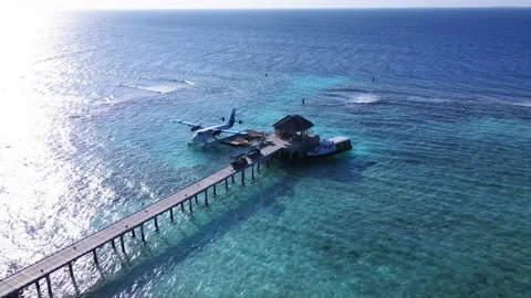 Static Drone shot of Docked Seaplane to a wooden Pier on transparent blue water Stock Footage 201063521