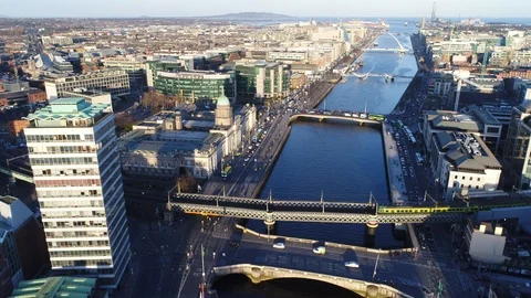 Static drone shot of Dublin City Centre out towards the Dublin Port, Ireland. Video stock 99729754