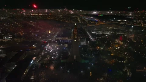 Static drone shot of fireworks display, Reykjavik overview 動画素材 329466410