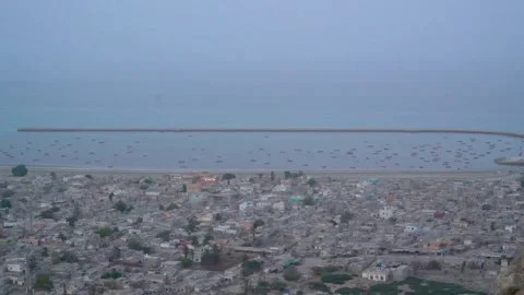 Static drone shot of the ocean with calm waves  of Gawader, Pakistan . (2) Stock Footage 284443857