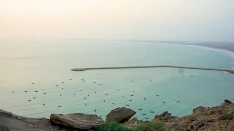 Static drone shot of the ocean with calm waves  of Gawader, Pakistan . (5) Stock Footage 284443947