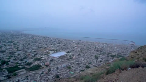 Static drone shot of the ocean with calm waves  of Gawader, Pakistan . Stock Footage 284446232
