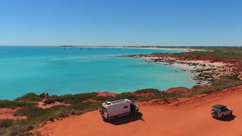 Static Drone View of Cable Beach Coastline with Camper Van, Broome, Western Aust Stock Footage 340886896