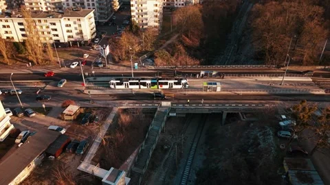 Static drone view of tram crossing city overpass in Poland — 21.01.2026 Stock Footage 327312460