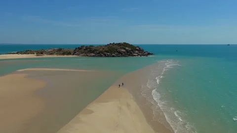 Static Drone View of Two People Walking on Sandbar at East Woody Island, Nhulunb Stock Footage 340887026