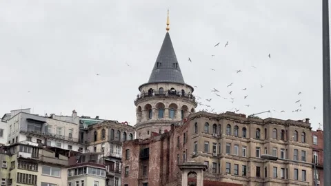Static exterior shot of the Galata Tower rising above neighborhood buildings Stock Footage 340155086