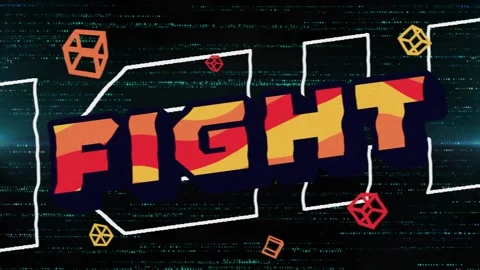 Static flickering, outlines fading, 3D FIGHT zooming center as shapes orbiting Stock Footage 333904224