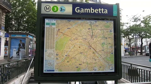 Static footage of the metro map of the Paris, on a board in the Gambetta Stock Footage 117366164