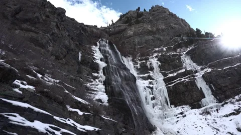 Static footage of a waterfall coming down a ice covered mountain Stock Footage 113495747