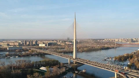 Static frame above Ada bay, showing cityscape of Belgrade from above, with Ad Stock Footage 105790189