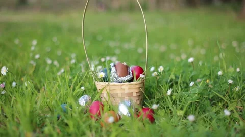 Static frame of Chocolate Easter Eggs in a round basket on a green clover Stock Footage 237727208