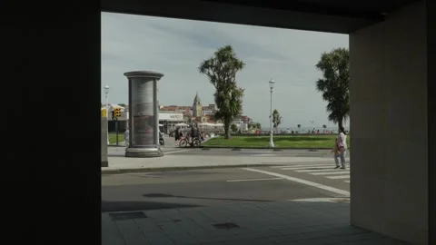 Static Framed View of Nautico Cafeteria and San Pedro Church Gijon Stock Footage 336703096