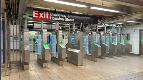 Static Handheld Of Subway Fare Gates At Broadway And Houston Exit, New York Vídeo Stock 342653540