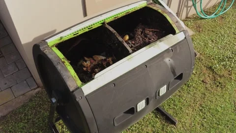 Static High Angle Shot of Dual Chamber Outdoor Compost Tumbler Bin Stock Footage 336432990