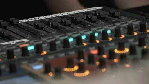 Static image of lights and knobs on a sound mixer digital board.  Little 스톡 동영상 229932944