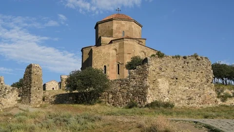 Static of Jvari Monastery, a 6th century Georgian Orthodox monastery near Mts Stock Footage 104548872