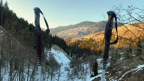 Static landscape panorama hiking poles on hiking trail with panorama of sno.. Stock-Footage 232178587