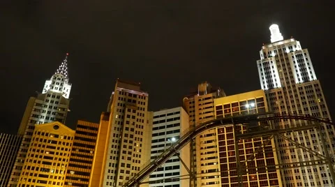 Static Las Vegas back roller coaster ride hotel New York. Night. Stock Footage 56465352