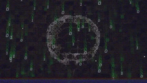 Static line appearing wireframe brain emerging while binary streams cascading to Stock Footage 317183922