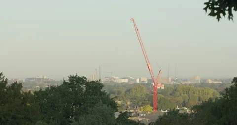 Static long shot of a red crane amidst green trees in Thames river valley Stock-Footage 150372434