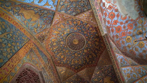 Static low angle shot of painted ceiling vault at Akbars Tomb in Sikandra India Stock Footage 343883647